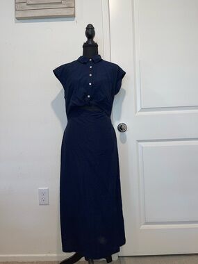 Navy Cap-Sleeve Maxi Dress with Button Front